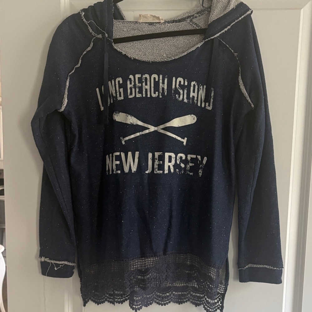 Navy Long Beach Island Hoodie with Lace Hem
